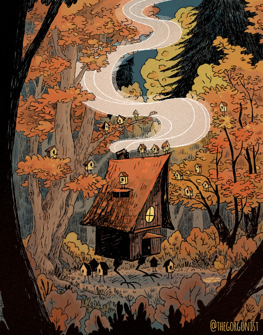 thegorgonist:Baba Yaga may be my favorite folk tale character, but her chicken-legged hut has captured my imagination almost as much as she has! Here’s a take that imagines baby huts as birdhouses with chick legs! Baby Yaga huts, if you will. You