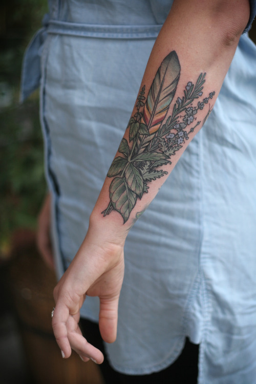 fuckyeahtattoos:  Herb and feather bundle Kirsten Holliday, Wonderland Tattoo, Portland, Oregon 