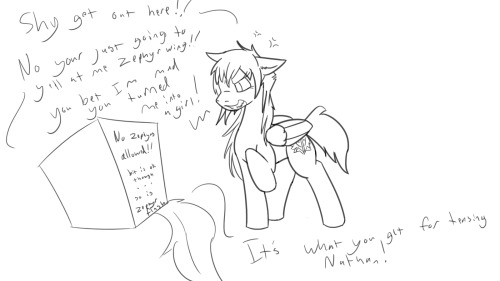 taboopony:  ask-zephyr-wing:  taboopony:  Shy: he kept bragging about being immune to being changed so I had to try…and who would think Zephyr would get so mad by changing his gender… Mod: why did you just say his name like that?  Get your butt out