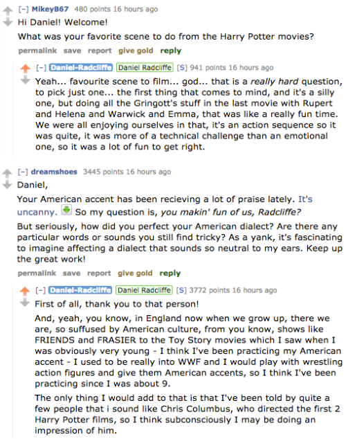 cottognapple:simplypotterheads:HP + HP cast related questions in Daniel Radcliffe’s Reddit AMA (27 O