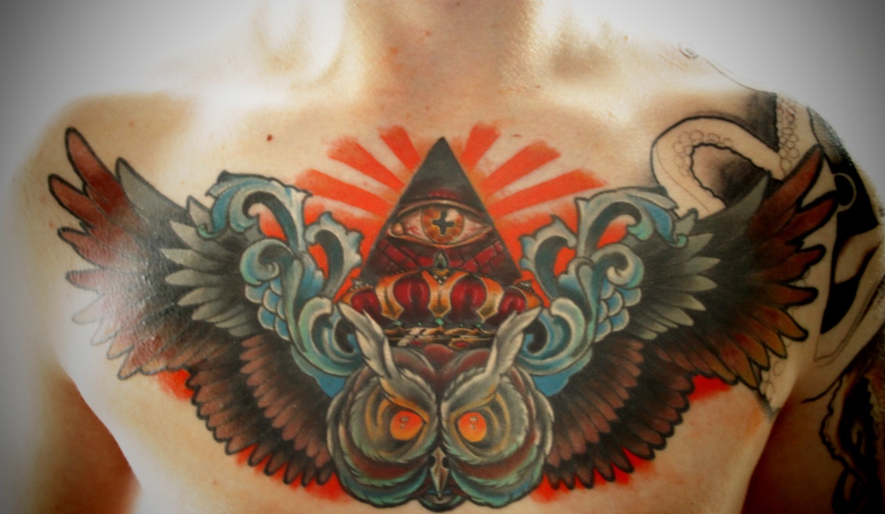 fuckyeahtattoos:  Chest piece done by Sim Abbott at Cosmic Tattoo, Colchester, Essex