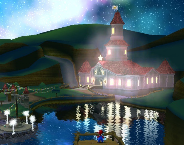 suppermariobroth:  The reflection of Peach’s Castle in the water at the beginning