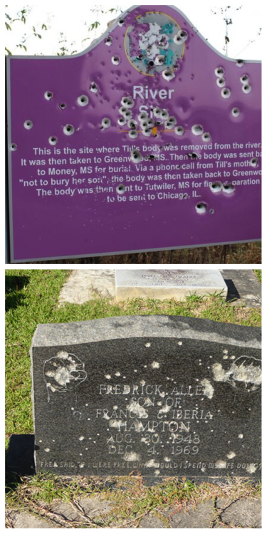 lightskintgawd:  black-geek-supremacy:  frontpagewoman:   frontpagewoman:  Both Emmett Till’s historical marker and Fred Hampton’s grave are riddled with bullets.  Re-blogging because Emmett Till still can’t rest peacefully and that liar and accomplice