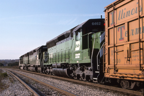 Run-Through TrainHere is a Burlington Northern run-through train rolling on the Southern Railway nea