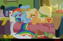 tiarawhynot:  Been a while since I made an image but here is the first one from the raffle winner! After a wild night at the Gala with large quantities of apple cider, rainbow dash awakes to a still frisky and somewhat drunk applejack. Much silliness