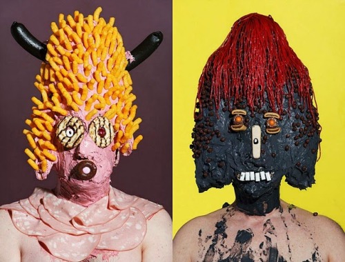 asylum-art:  Grotesque Portraits of People In Layers of Junk Food Convey Dangers of Mass Production by James OstrerPost-apocalyptic monsters molded from processed goods and sugar Junk food tastes great going down, but when you look at it in the right