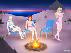doodlesafterdark:   Commission: Beach Party (pls click for big) the nintendo ladies playing drinking games by the campfire c: peach don’t be shy~ for nsfwkevinsano thank you for the support! &lt;33    &lt; |D’‘‘