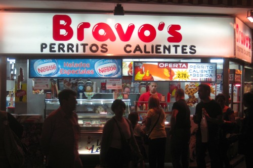 Bravo’s Perritos Calientes, Near Puerta del Sol, Madrid, October 2011.On one of the busiest co