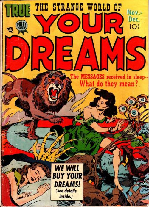 browsethestacks:  The Strange World Of Your Dreams (1952-1953)  Art by Jack Kirby And Joe Simon  You were in my dream a few weeks ago. It was nice. We were swinging on  vines through some city, talking a bunch.