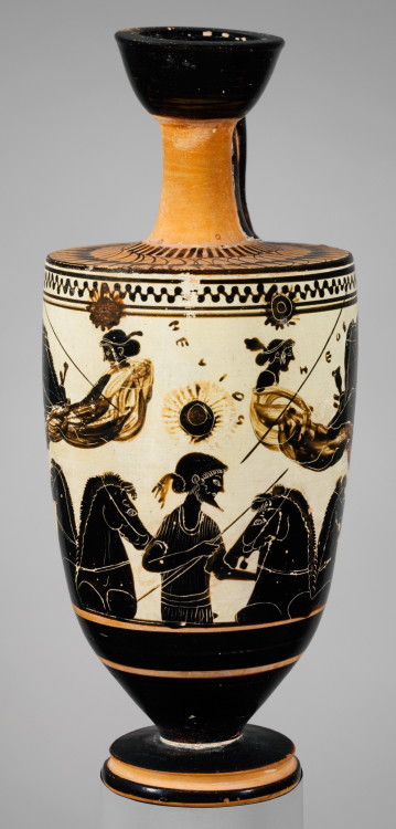 Four views of a white-ground lekythos. Attributed to the Sappho Painter. Greek (Attic), Archaic Peri