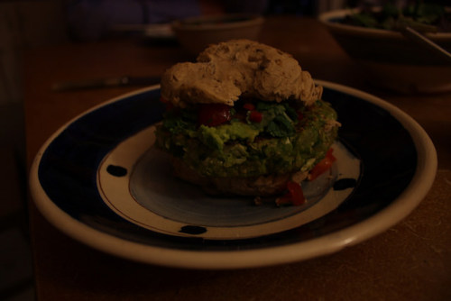 Broad Bean Burger on Flickr.With home-made bread, salsa and guacamole.  This was really yummy, and s