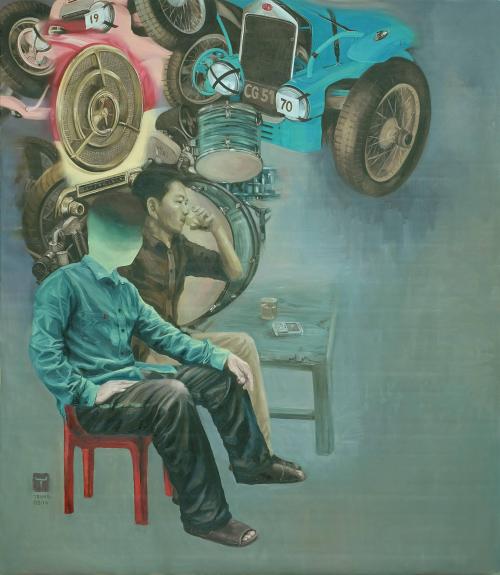 Afternoon Coffee  -  Nguyen Vinh Trung , 2014.Vietnamese, b. 1985-Oil on canvas, 65 x 57 in      165