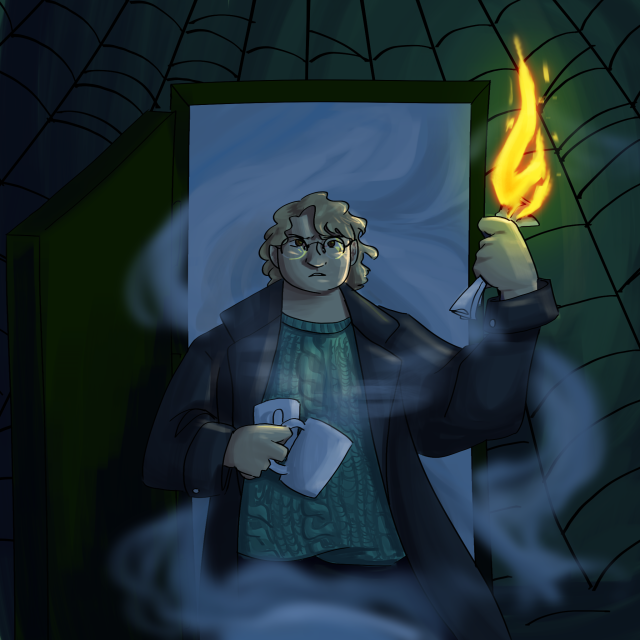 A digital painting of Martin Blackwood holding two mugs in one hand, a statement on fire in the other. Behind him is an open door with fog spilling out. Martin looks worried yet determined. The fire is the only light source.
