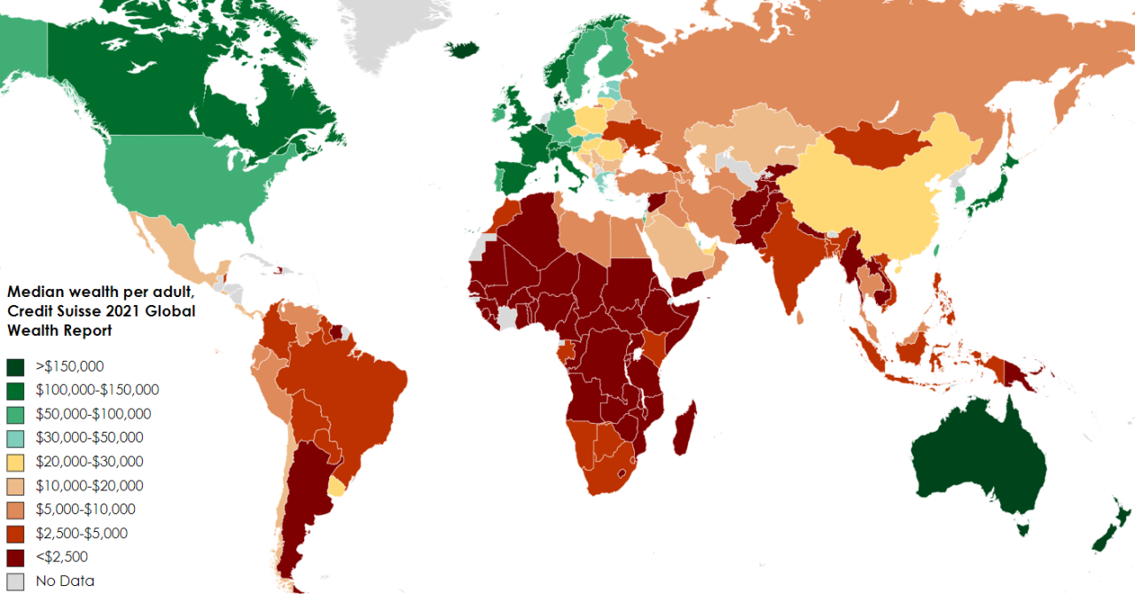 Countries by median wealth per adult in 2021