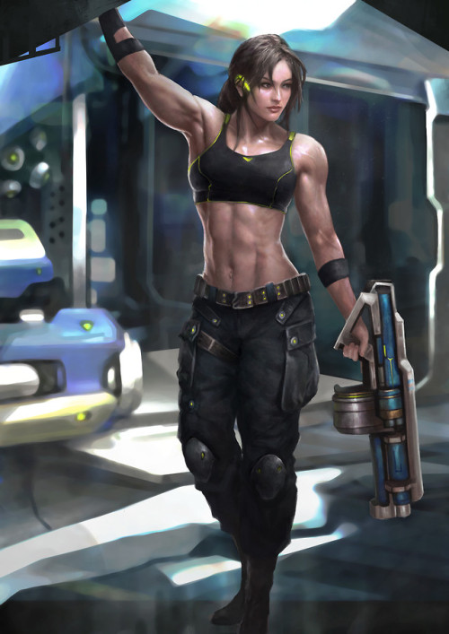 musclegirlart:Sci-Fi Soldier and Engineer by omupied