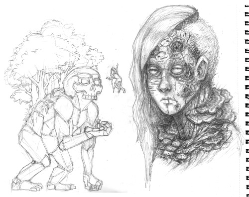 walkingpiranha:forgotten sketch: Tree Witch is very unhappy with Rock Golem picking up a human hit