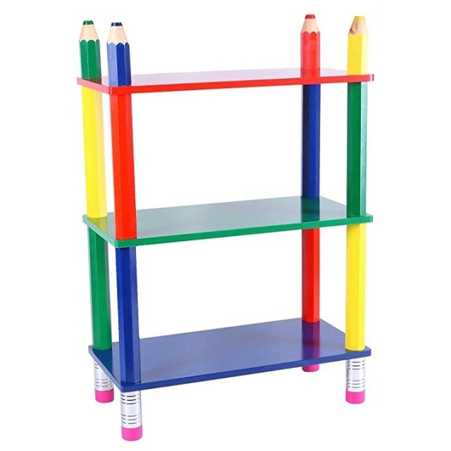 an open shelf in the colors yellow, red, green and blue. the posts look like colouring pencils with rubber ends at the bottom