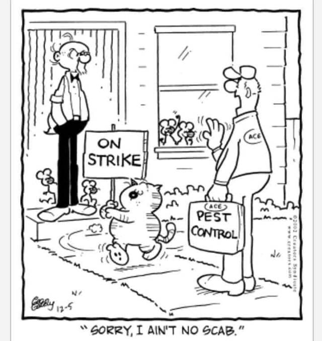 heath cliff comic where the cat is walking around holding an "on strike" sign and the pest control man stands there saying "i ain't no scab"