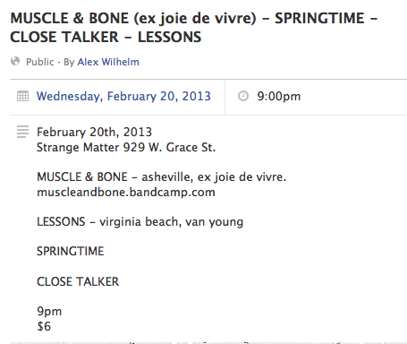 Richmond w/ Muscle and Bone. Lessons is dropping unfortunately. More info/flier coming soon.
Facebook event