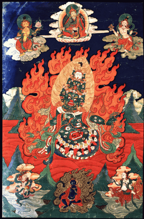 Rahu in his tibetan form, Rahula or kyab jug, Thangka from Himalaya region