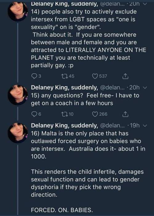 nonbinarypastels:[Image Description: Screenshots of a series of tweets by Delaney Kink, @delaneyking