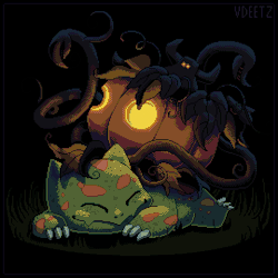 vdeetz: Pumpkaboo thrives off the spore on bulbasaur’s back, and in return keeps her warm during the colder months.  Symbiotic Pokemon is a cool concept………….. 