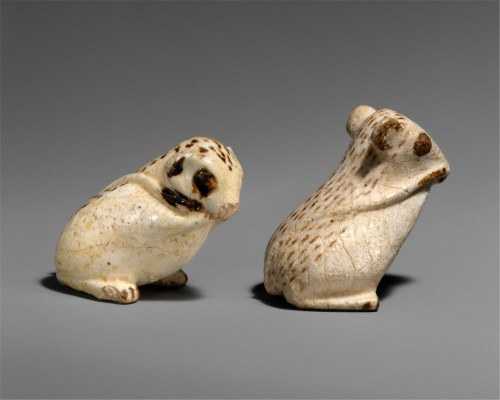 ancientpeoples:A group of faience jerboa figurines, 4 cm highPossibly from Heliopolis, Egypt, ca. 18