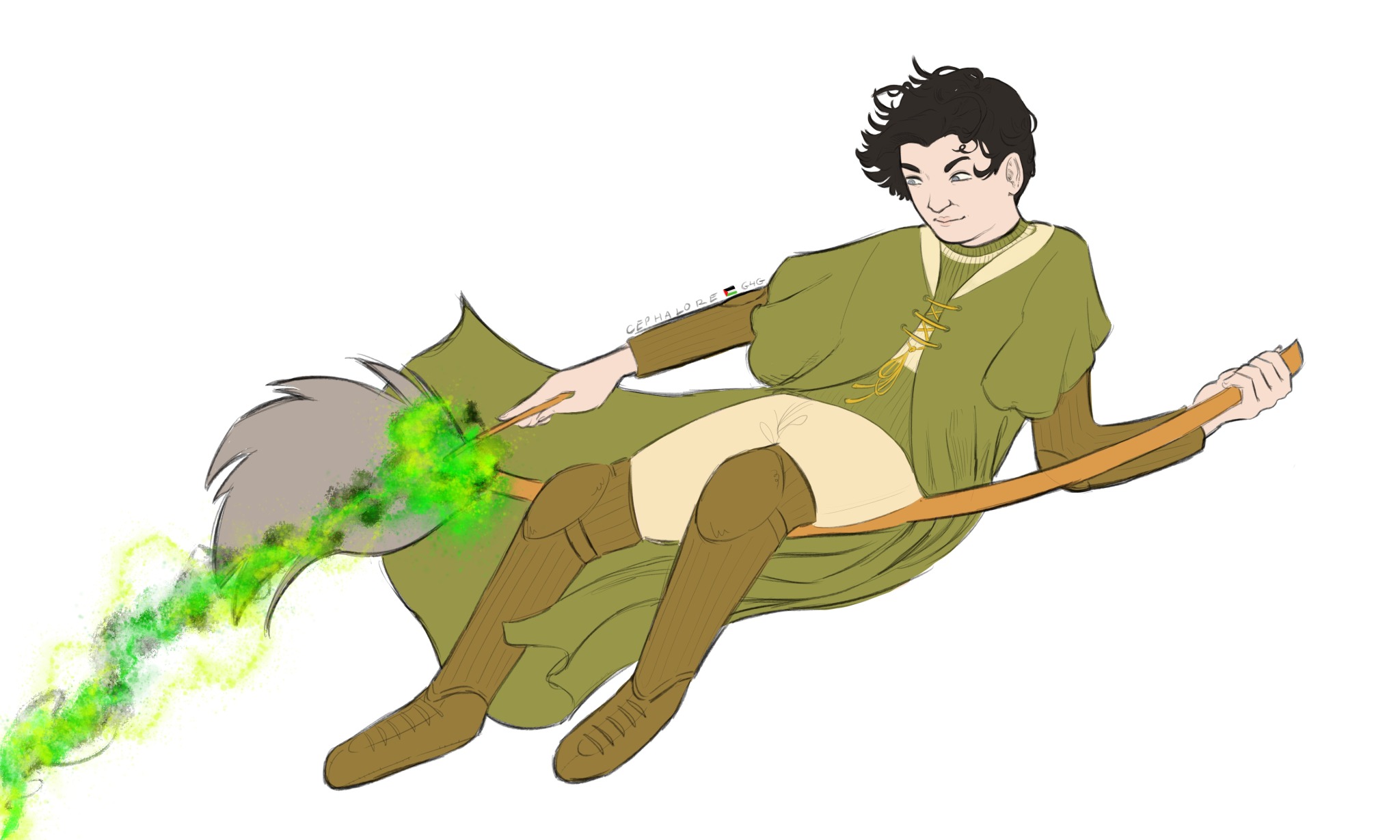 drawing of a young mcu loki, in a slytherin uniform, riding a broom and shooting green magic from a wand