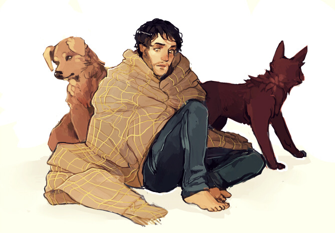 kitsu-neko:  i just felt like drawing will wrapped in a blanket and some doggie friends