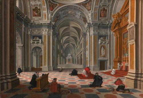 Figures at Mass in an Ornate Church Interior by Bartholomeus van BassenDutch, 1623oil on canvaspriva