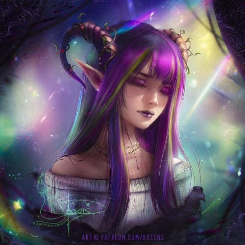 Monster Girl with horns and elf ears: Original fantasy character [digital drawing by Axsens] 