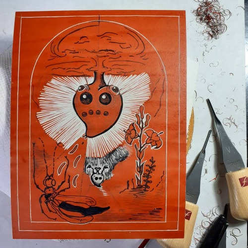 I have started cutting my next piece of lino. This one was a while in the planning, and will have at