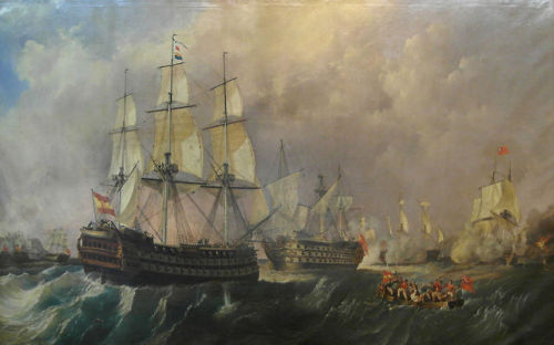 ltwilliammowett:Infante Don Pelayo supporting Santissima Trinidad under attack by British ships at t