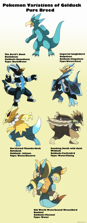 phatmonsters:The various subspecies of Golduck! Click for a clearer image, stupid tumblr pixelated i