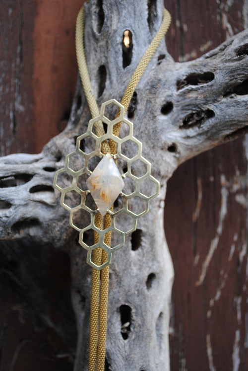 Brass Honeycomb Bolo tie w/rutilated quartz by Honeycomb Organics