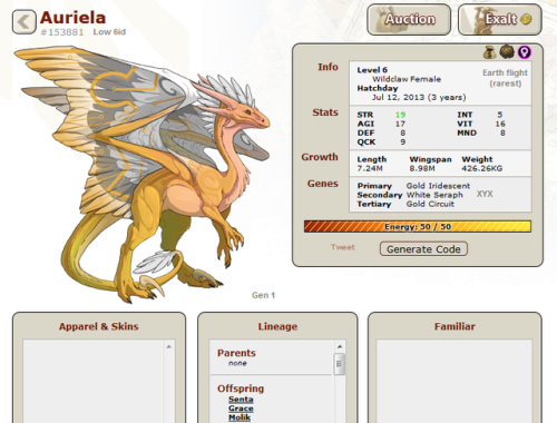 pumpkin-bread:Selling Auriela.She’s a low 6id Gen 1 double gold Wildclaw, and comes with lore that y