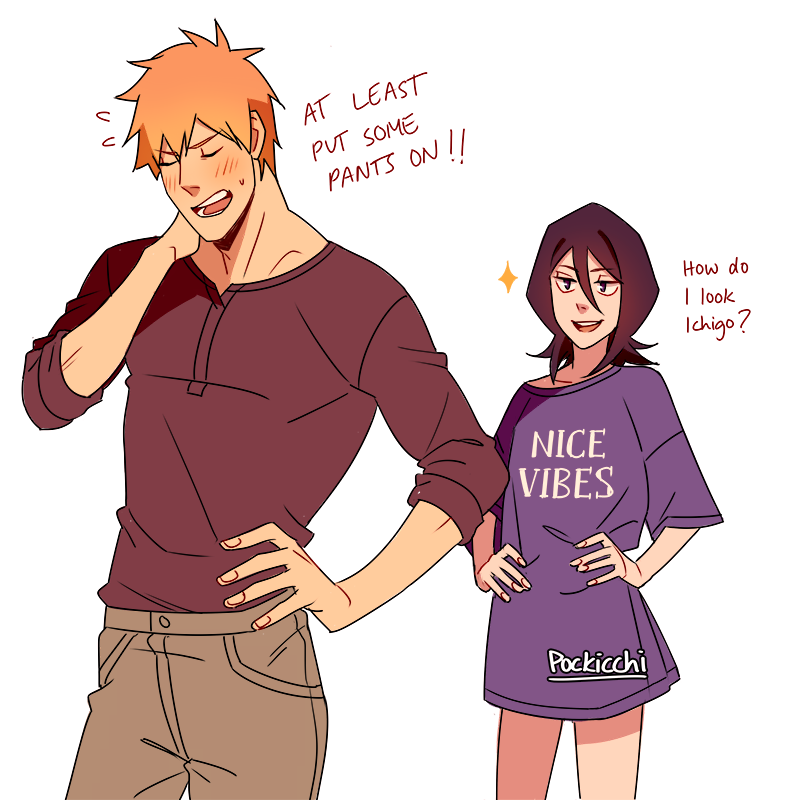 pockicchi:  more ichiruki ft rukia in ichigo’s clothes :3c 🧡💜    