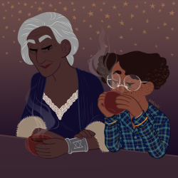 karinhart:small sleepy boy detective has some tea with his moon mom before bed 🌟