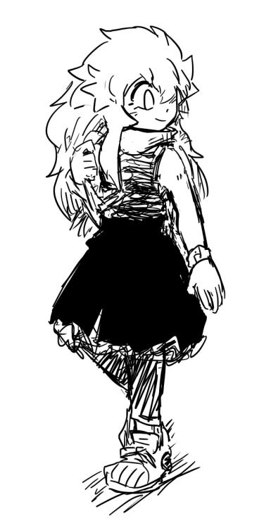 i’m not sure what’ll constitute as “semi-formal” so here’s childa in a sleeveless black shirt/skirt 