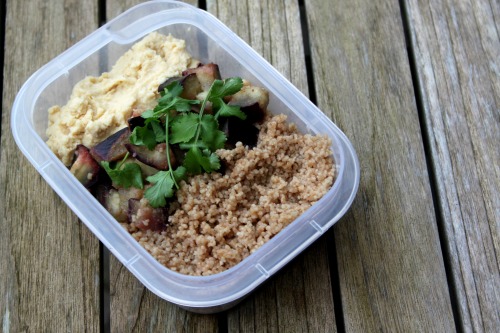 spelt couscous with lemon roasted eggplants and homemade hummus