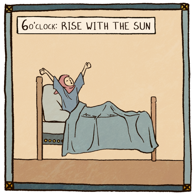fickes:haha, morning routines amiright[ID: a 4-page comic in illuminated manuscript