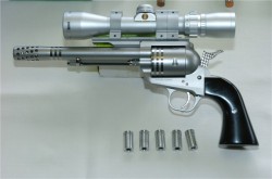gunrunnerhell:  Freedom Arms Model 83 A large caliber revolver for hunting, this example is chambered in .500 WE (Wyoming Express). Supposedly it isn’t as powerful as the .500 Smith &amp; Wesson Magnum but is still a very capable load that can effectively