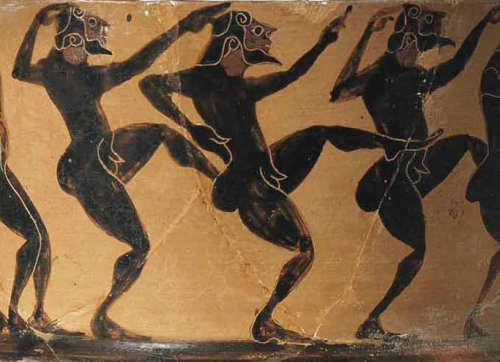 archaicwonder:Ancient DrunkardsGreek merrymakers painted on a Boeotian black-figured kantharos, c. 5