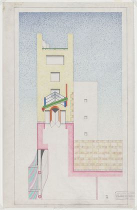 James Stirling, drawings of the Staatsgalerie Stuttgart, 1978. Germany. Graphite and color pencil on