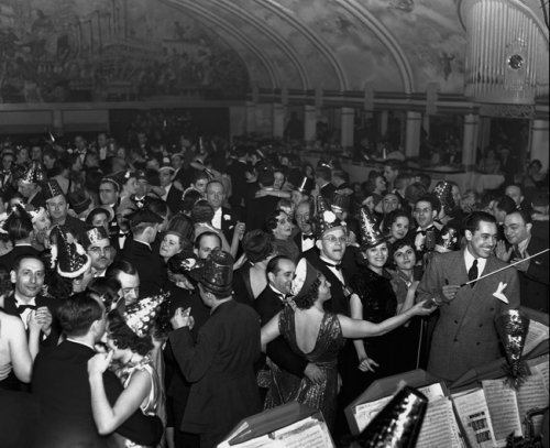 Exterior shot of the Cotton Club in its heydayNew Years celebration, 1935. Performance by Cab Callow