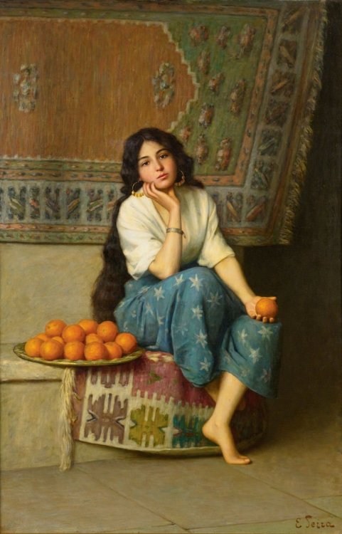 sexandthesuburbs:theartivistic:The Orange Seller, by Catalan painter Enrique Serra Auque, It’s almos