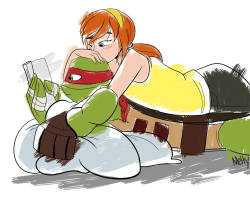 mad4turtles:  melty-artz: After April first met the guys, Raph was the one who took the longest to warm up to her. He kind of lurked off when she came around. (didn’t really know how to act around her) To get his attention, April kinda just randomly