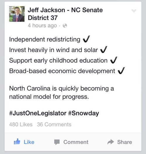 gladtoseayou:Jeff Jackson, a young Democratic NC State senator is the only senator in the general assembly today due to the snow.Awesome!