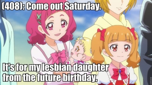 [Image - Hana carrying a happy Hugtan.][Text - (408): Come out Saturday. It’s for my lesbian d