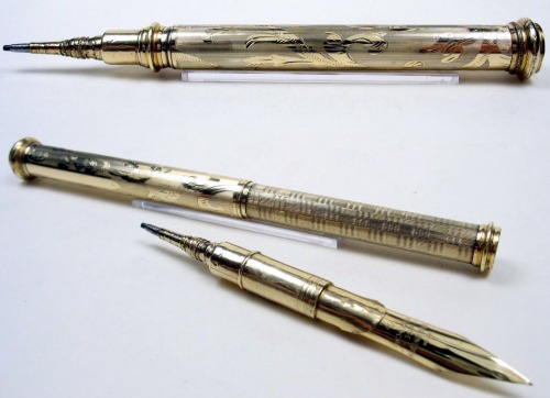 Sampson Mordan &amp; Co., Pencil and Dip Pen Combo, 1880. Gilded. With telescopic function: 7cm/10.5